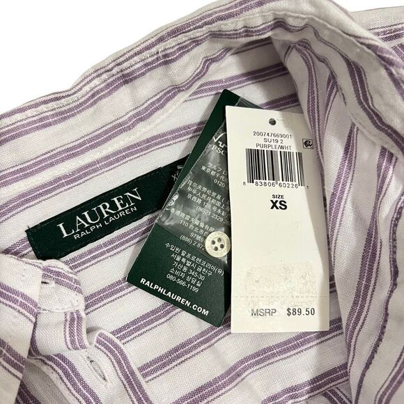 Lauren Ralph Lauren New XSmall White & Lavender Striped Short Sleeve Blouse - Picture 2 of 13